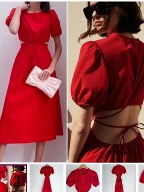 Zara Red Puff-Sleeve Backless Midi Dress